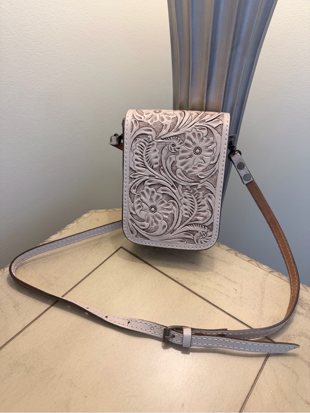 Floral Tooled Leather Crossbody Bag in Light Pink